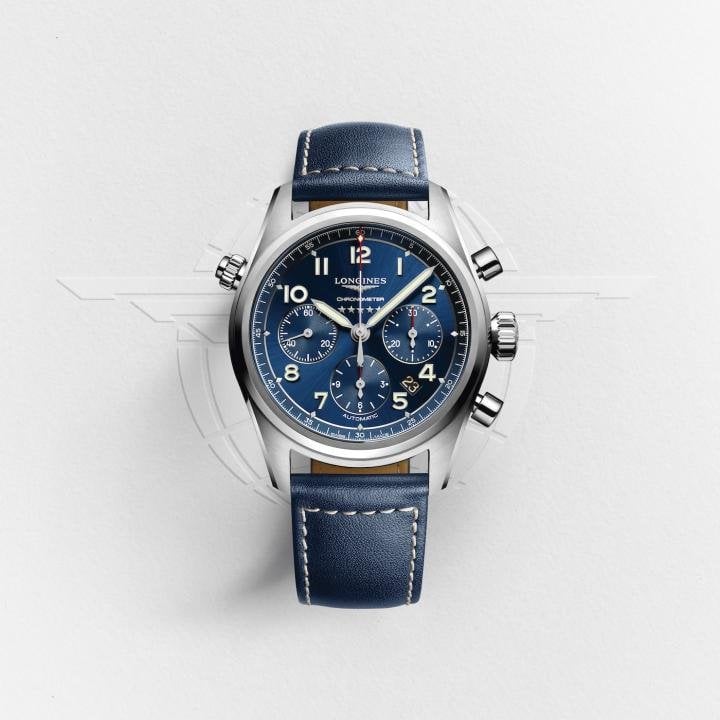 The Longines Spirit ref. L3.820.4.93.0 (42 mm) houses a COSC-certified column-wheel chronograph movement (L688.4) with silicon hairspring.