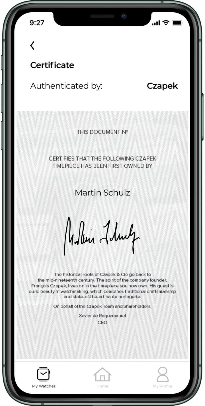 A certificate of authenticity protected by blockchain.