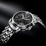 The Longines Saint-Imier Collection has been inspired by the origins of Longines' watchmaking tradition. The sleek lines and the distinctive lugs provide these new models with a subtle balance between classical and contemporary design. With a diameter of 41 mm, this chronograph is fitted with a column-wheel movement L688, developed and produced exclusively for Longines. Its case in steel displays a black dial.