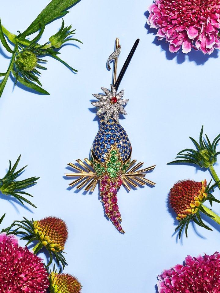  Tiffany & Co. - Schlumberger® collection Botanica: Blue Book 2022, Hummingbird brooch in 18-carat yellow gold and platinum with round blue sapphires of more than 7 carats, oval and round pink sapphires, round tsavorites, one round ruby and brilliant-cut round diamonds