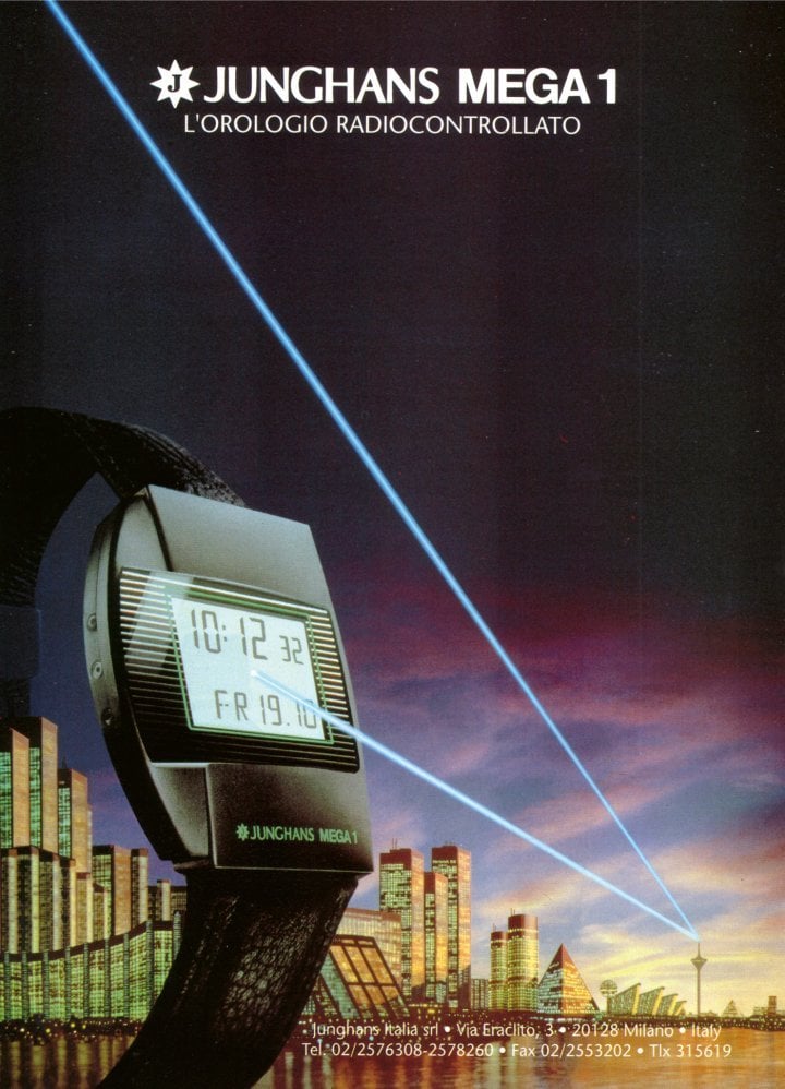 1991: The Junghans Mega 1, a digital radio-controlled watch, is presented in a futuristic setting, capturing the dream of absolute precision. This text-free ad, perhaps inspired by science-fiction film sets, seems to imply that commentary is superfluous.