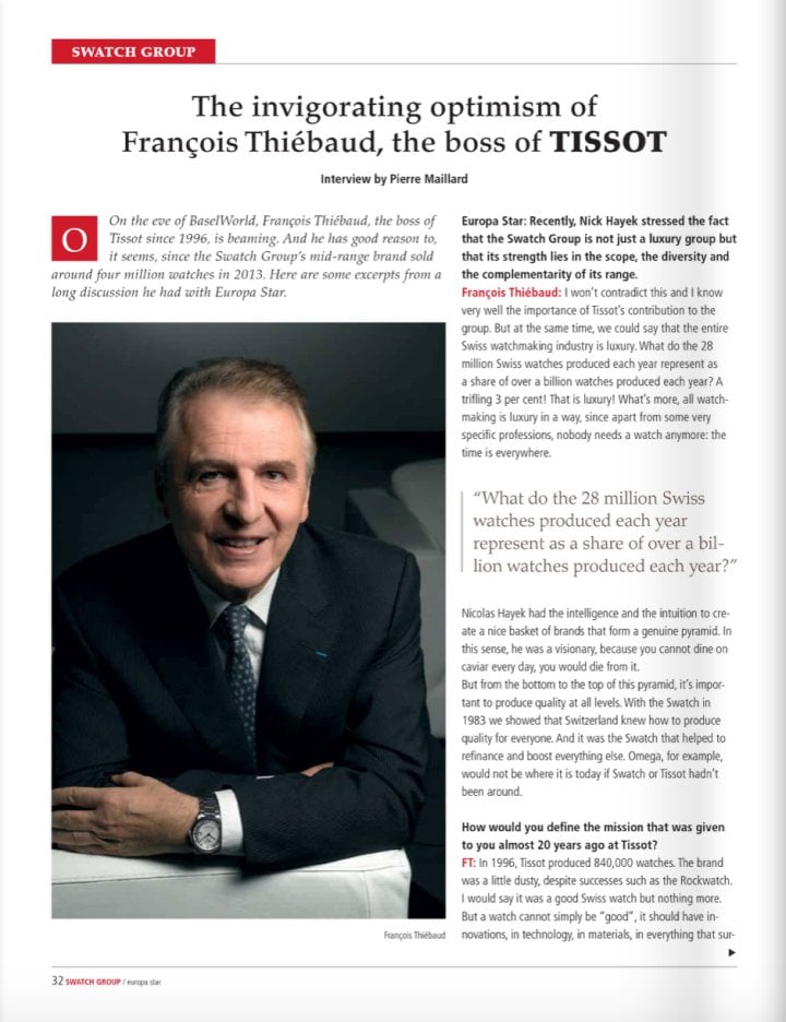 François Thiébaud's invigorating optimism. For us, Baselworld would not have been complete without an interview with the boss of Tissot.