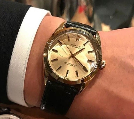His first watch: a 14k gold Rolex Oyster Perpetual