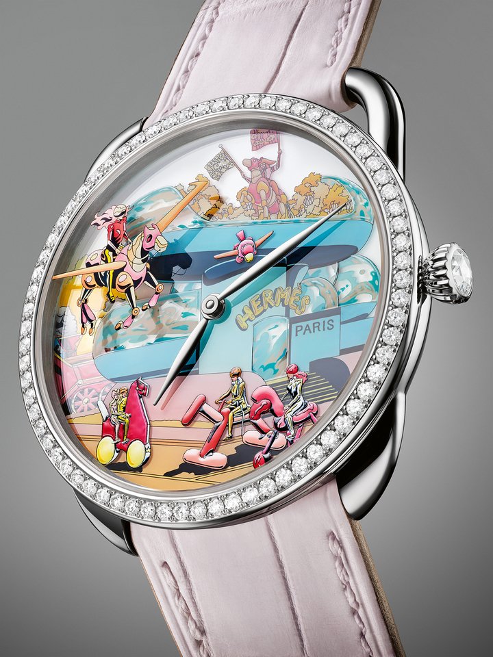 Hermès Arceau Locomotion. Sapphire dial, miniature painting on and under sapphire.