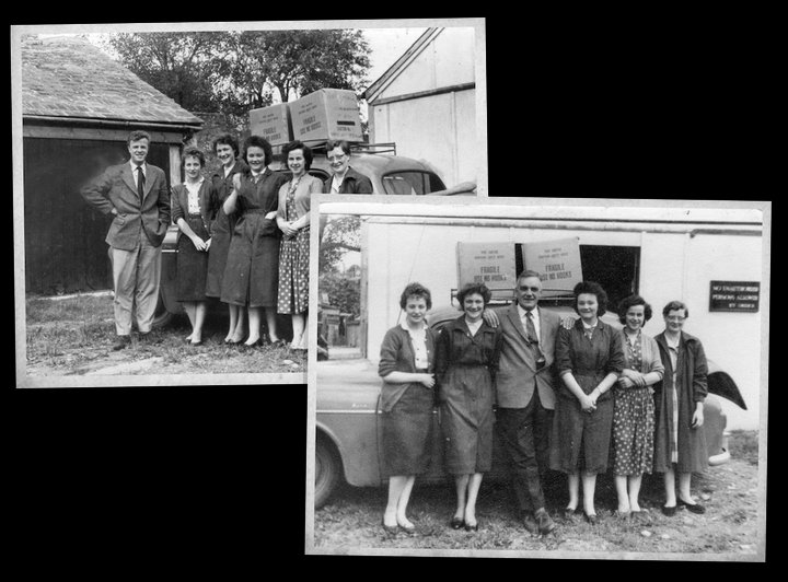 In 1962, the Wolf workshops were provisionally moved to Ireland, before being transferred to Wales the same year. Philip Wolf IV, the father of the current director Simon Wolf, is pictured here with some of his employees. 