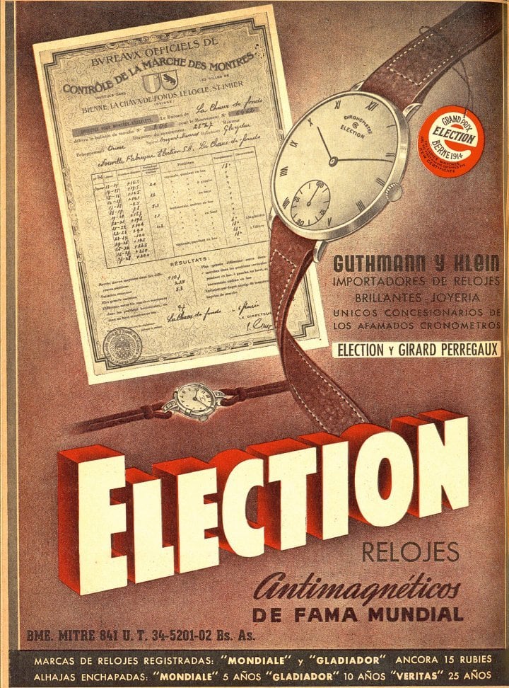 1942: The certificate of chronometric accuracy issued by official control agencies features in some advertisements, highlighting a sales argument to which manufacturers attach increasing importance (Election).