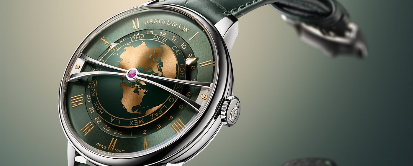 Arnold & Son presents the Globetrotter 42 Steel in Strand Blue & Greenwich Green