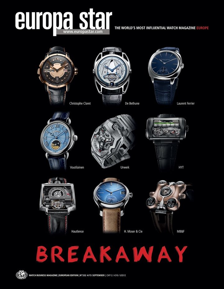 The Galet Square on the cover of Europa Star in 2015, among a selection of watches by the new generation of independents.