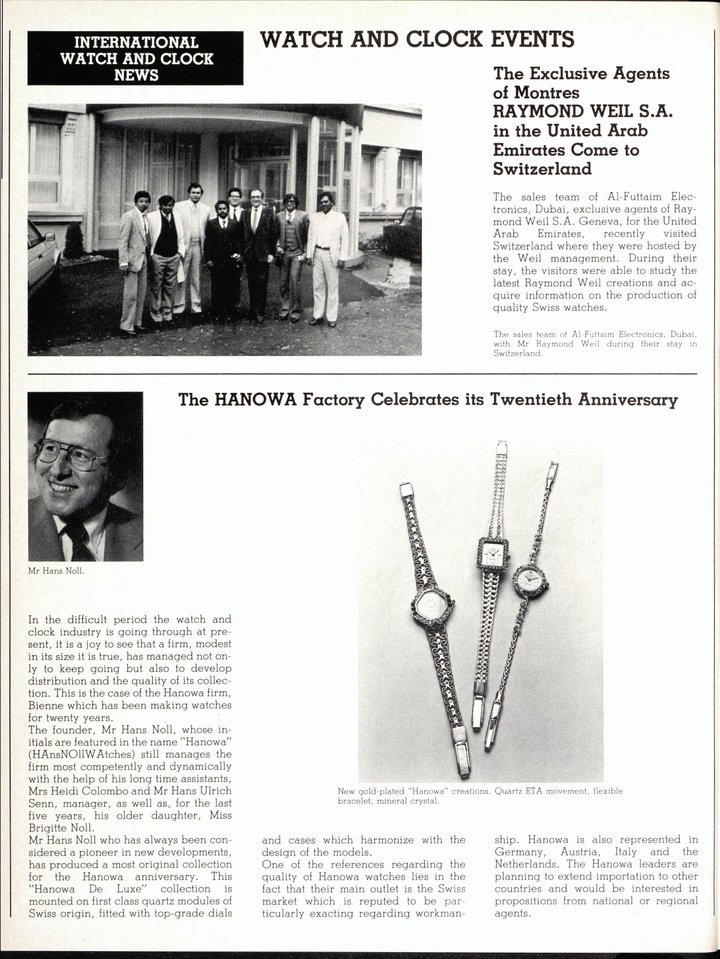 A 1983 article in Europa Star on Hanowa's 20th anniversary highlights Hans Noll's dynamic management and reports that Switzerland is already the brand's main market.