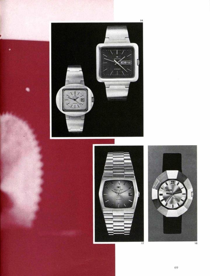 Unusual shapes were popular in the 1970s, as illustrated by these models presented by Hamilton, IWC and Enicar at the Geneva salon.