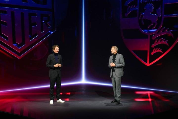 TAG Heuer CEO Frédéric Arnault and Detlev von Platen, Member of the Executive Board for Sales and Marketing at Porsche, shared the stage to announce the partnership between their brands.