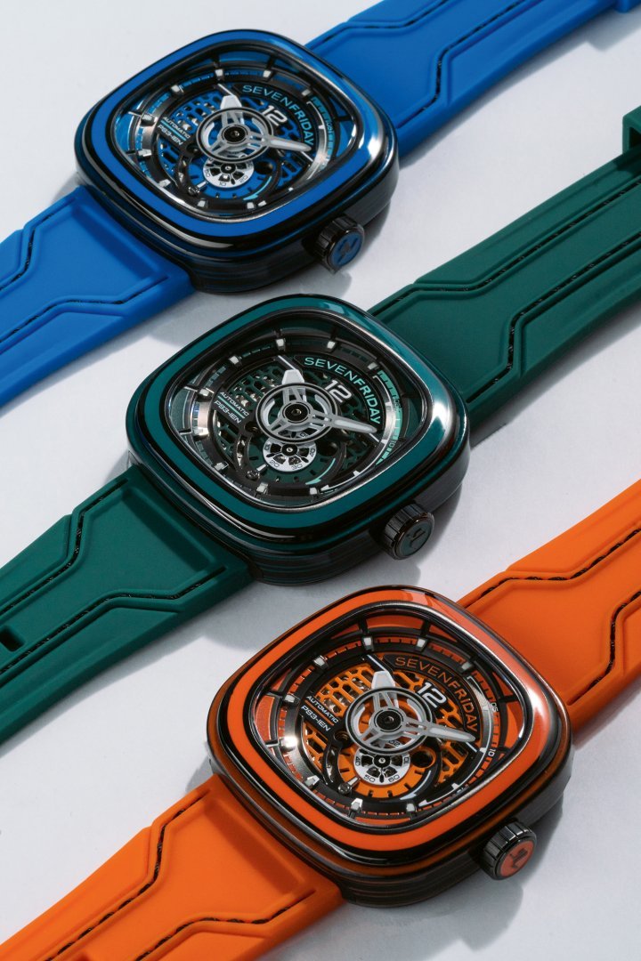 The dial retains its complex multi-layered design with honeycomb cutouts and skeletonised sections, protected by a sapphire crystal. And not only is the crown fancy, with its colourful logo – it's also useful, screwing down to prevent any accidental water ingress.