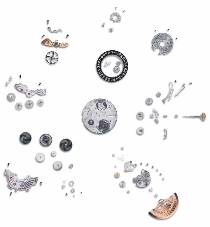 A view of the 201 components of Omega's Co-Axial Calibre 8501, launched in 2007, a landmark in the Swiss giant's movement development as the first in-house calibre designed around the co-axial escapement.