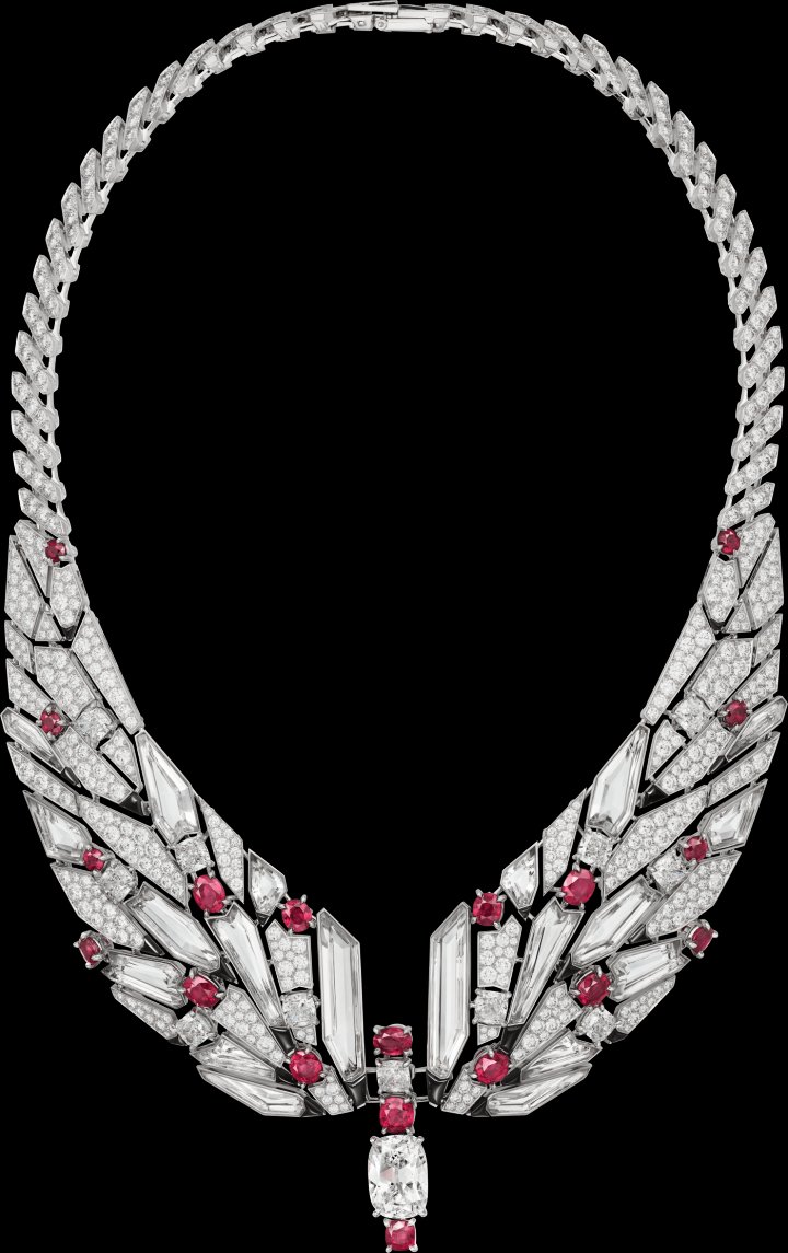 Cartier - Beautés du Monde Collection, Cymbale necklace in white gold, set with a D VS1, 6.10-carat cushion-cut diamond, nineteen faceted Burmese rubies totalling 12.64 carats, eleven cushion-cut diamonds, rock crystal, onyx and brilliant-cut diamonds