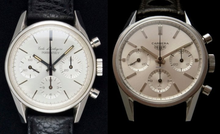 Note that the school watch on the left uses the same case and Valjoux 726 movement as the Heuer Carrera 