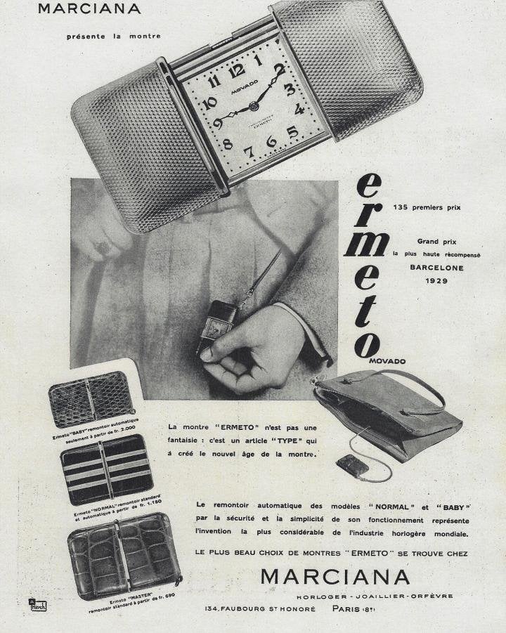 Vintage Movado Ermeto ad displaying different ways to wear the watch