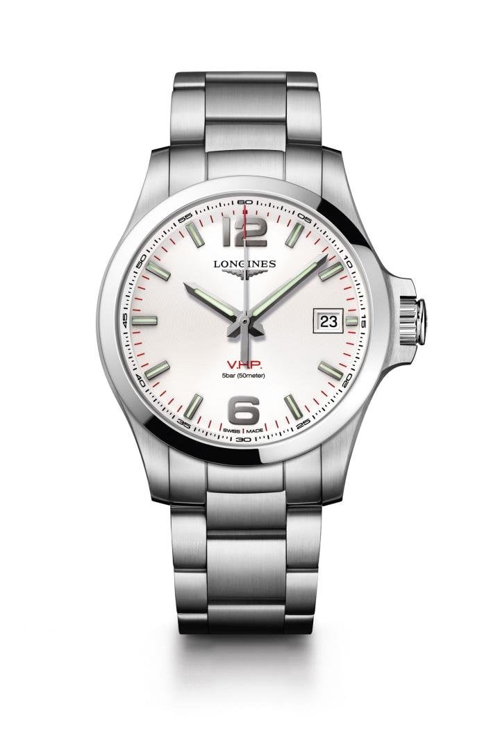 The Longines Conquest V.H.P: accurate to 5 seconds a year, perpetual date, hands are re-synchronised after an impact.