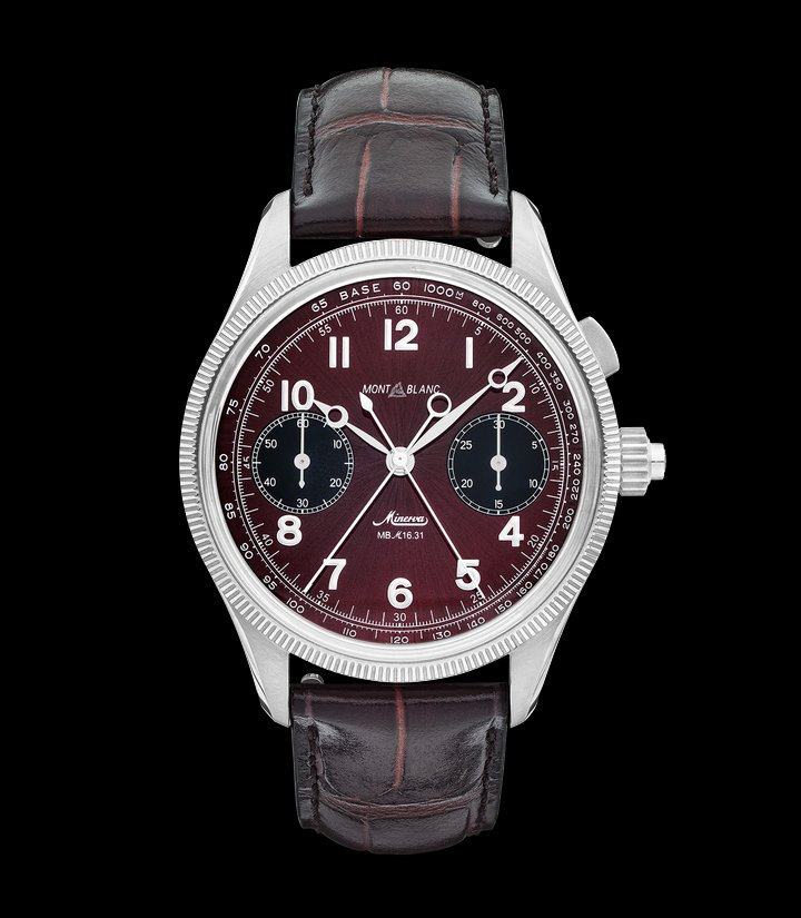 Inspiration for the new Montblanc 1858 Split Second Chronograph comes from an early 42mm military monopusher split second chronograph from the 1930s. This new model is housed in a 44mm stainless steel case with a fixed white gold 750/1000 (18 karat) fluted bezel. The dial features a dark burgundy colour with sunray decoration, black chronograph counters and white luminescent Arabic numerals for an elegant new look.