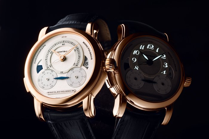 Luminous pigments form the Arabic hour numerals in the characteristic font of the Montblanc Rieussec collection
