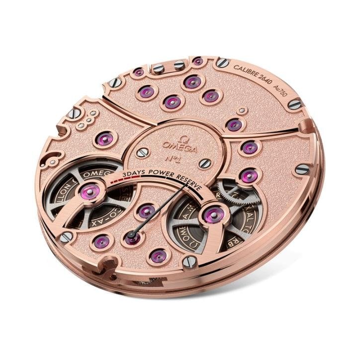 The classic and refined back of the double barrel movement that equips the Central Tourbillon.