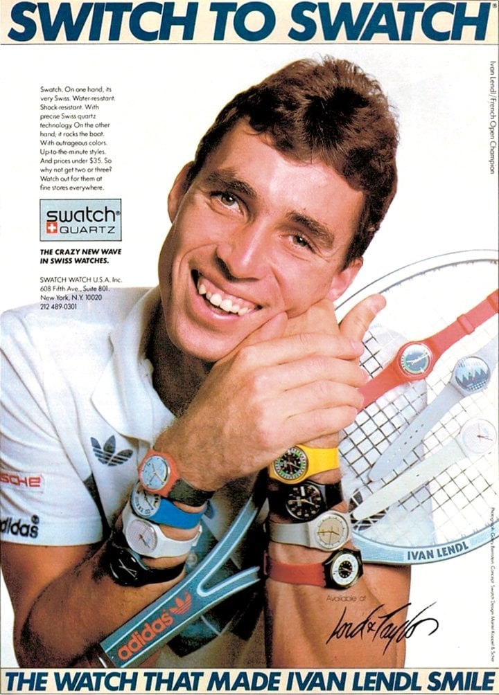 1985: This ad, which is typical of Swatch's communication style, features a famous testimonial. Ivan Lendl, the notoriously and perennially grumpy world number one tennis player, cracks an amused smile at the “crazy new wave in Swiss watches”.