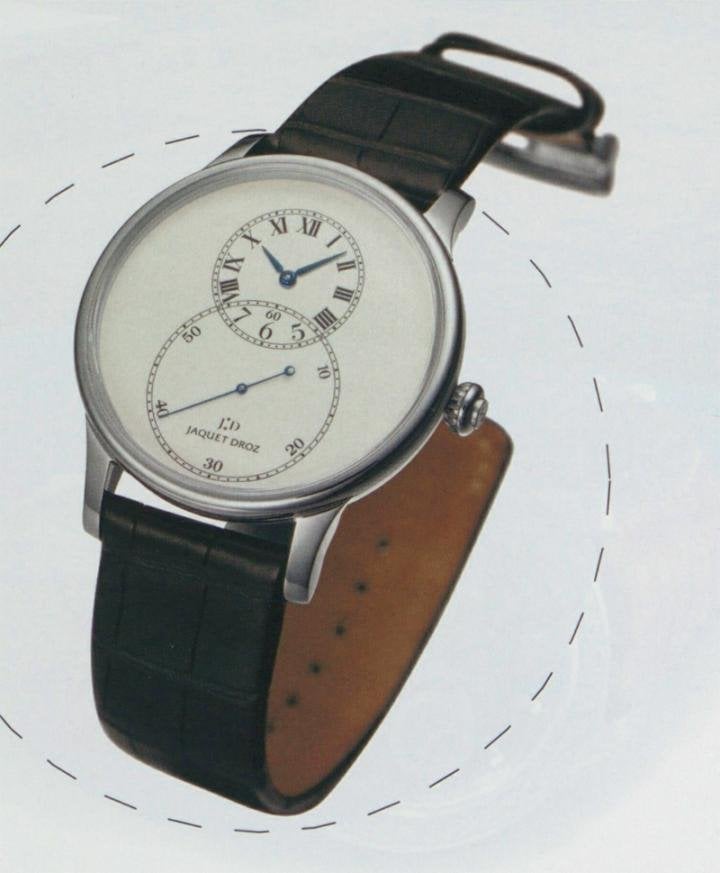 The Grande Seconde, as it appeared in Europa Star 2/2003. White gold case and ivory dial in Grand Feu enamel. Jaquet Droz's contemporary style was born.