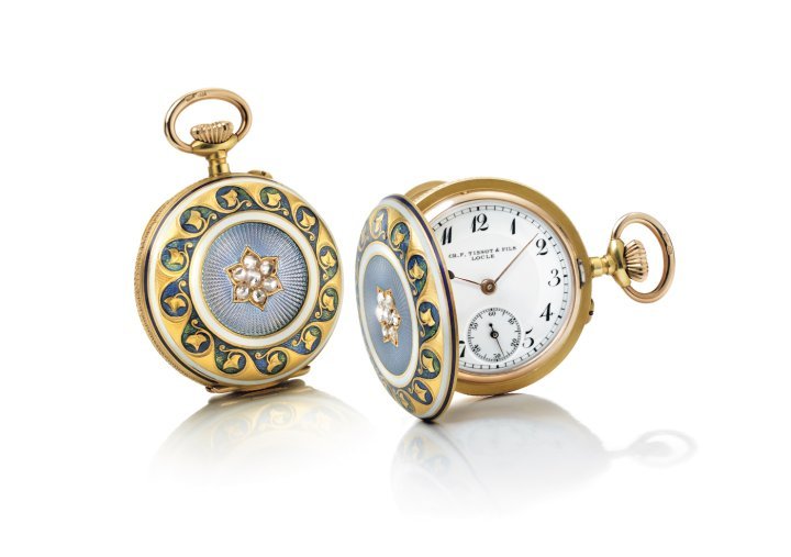 An example of a gold Tissot pendant watch for ladies with colourful enamel and precious stones, dated 1878. Tissot Museum collection. E00016539.