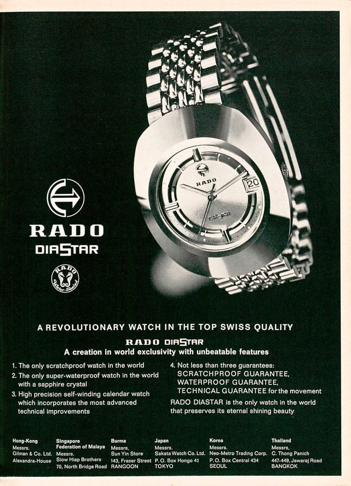 1964: The Rado DiaStar, promoted here as being scratchproof, water-resistant, and technically flawless, would also prove to be a trendsetter, as its oversized case inspired new styles.