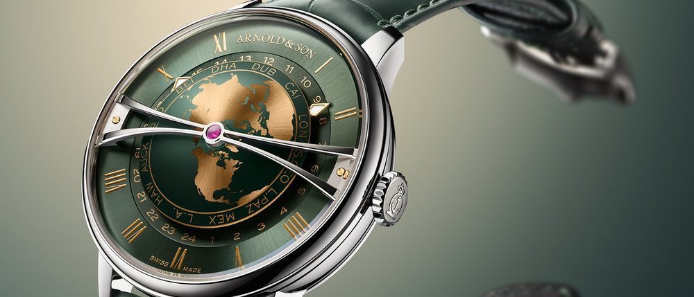 Arnold & Son presents the Globetrotter 42 Steel in Strand Blue & Greenwich Green