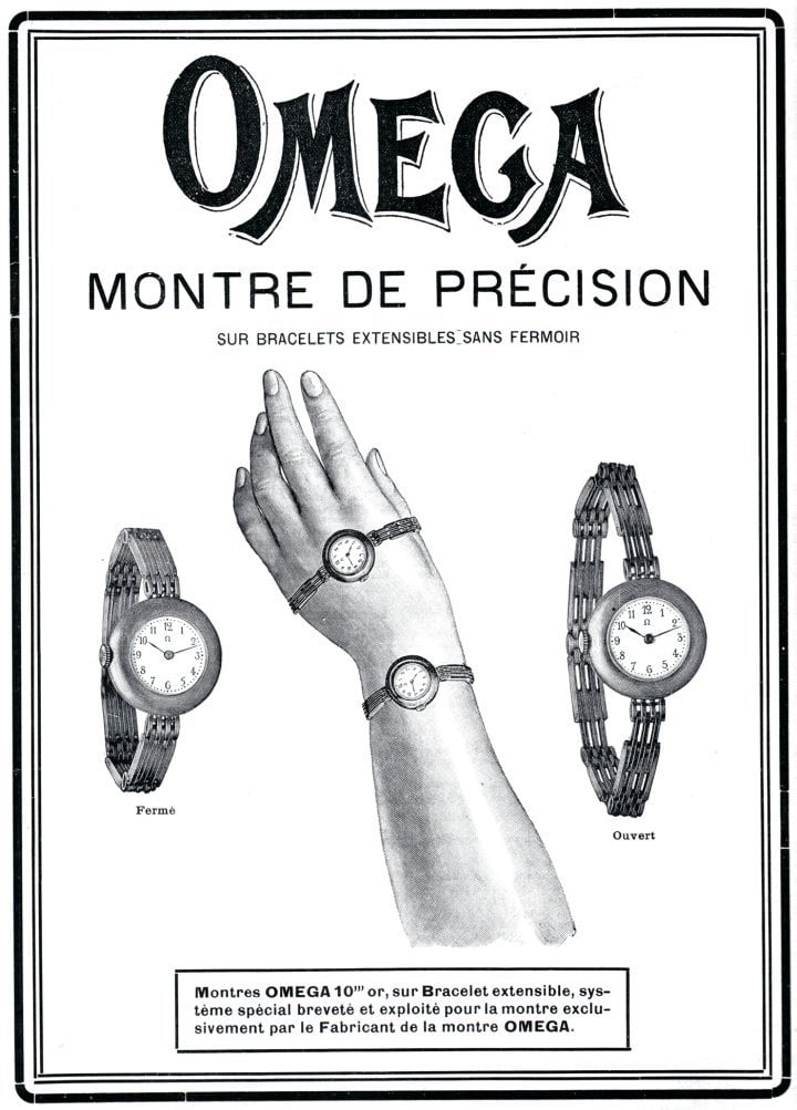 1908: In the first decade of the 20th century, wristwatches were primarily a feminine accessory, as demonstrated by this Omega timepiece featuring an innovative extendible bracelet.