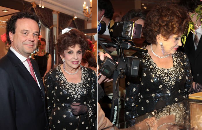 Left: Gina Lollobrigida and David Bennett, Chairman of Sotheby's Switzerland - Right: Gina Lollobrigida views her jewels on display