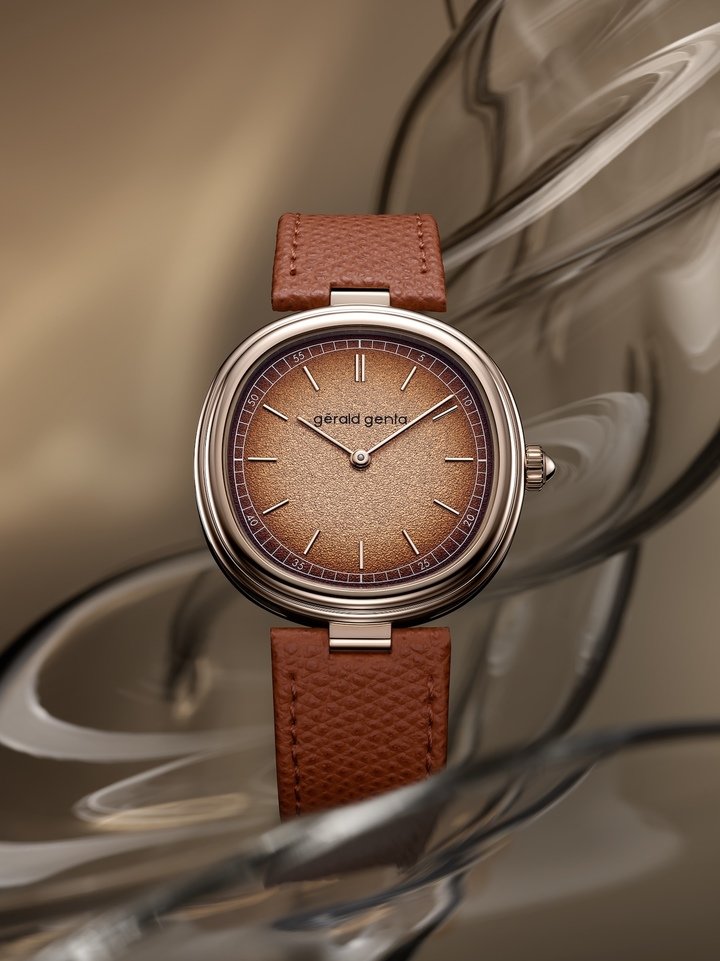Geneva is the new Time Only collection from Gérald Genta. Neither round nor square, the versatile 38 mm cushion-shaped case, with its signature gadroons, houses a two-part dial that creates multiple optical illusions. The outer segment follows the case's distinctive shape, while the inner segment is perfectly circular.