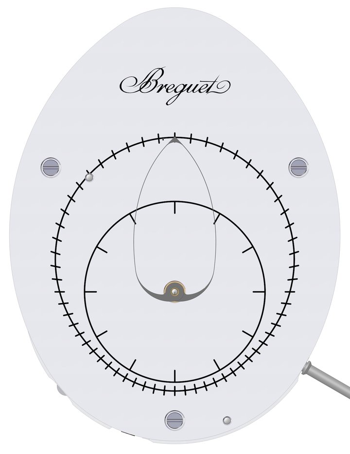 Dial of the prototype with activation based on non-circular gears. It can be seen that the hand completes a non-circular course but does not espouse the contours of the dial. On the basis of these lessons learned, the method chosen to activate the variable-length hand was by a cam, which would allow it to exactly follow the dial's ovoid periphery. To achieve this, the hand had to be larger, and the ratio between the lengths of the two arms during their course nearly 1:2.2, which “exceeds the technical possibilities of non-circular gears”, the upper limit of which is a ratio of 1:1.6.