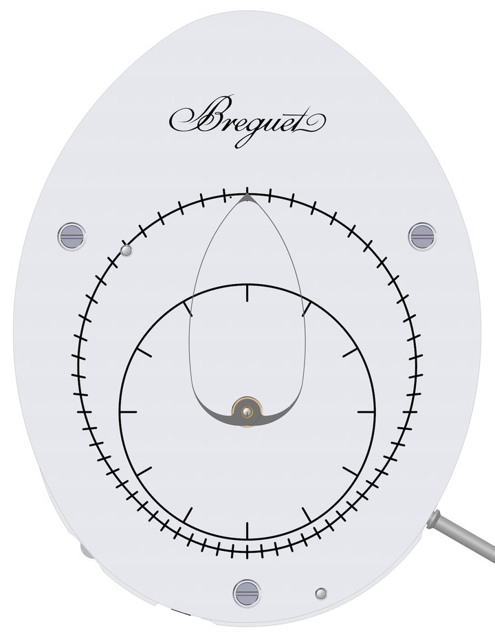 Dial of the prototype with activation based on non-circular gears. It can be seen that the hand completes a non-circular course but does not espouse the contours of the dial. On the basis of these lessons learned, the method chosen to activate the variable-length hand was by a cam, which would allow it to exactly follow the dial's ovoid periphery. To achieve this, the hand had to be larger, and the ratio between the lengths of the two arms during their course nearly 1:2.2, which “exceeds the technical possibilities of non-circular gears”, the upper limit of which is a ratio of 1:1.6.