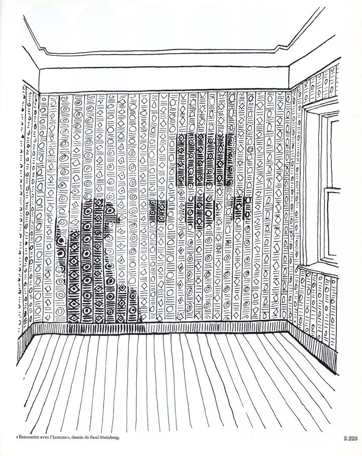 Six Micromégas issues were devoted to Temps dans la pensée de l'homme (“Time in Human Thought ”) and contained dozens and dozens of wide-ranging quotations by writers from all over the world and all periods. Here, this poetic illustration by Saul Steinberg, entitled An encounter with man, illustrates an excerpt from L'autre monde ou le cadran stellaire, La vie des morts (“The Other World or the Star Dial, The Life of the Dead”) by the author Maurice Maeterlink (1862-1949).