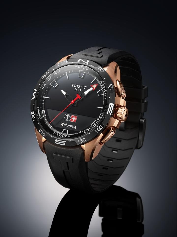 With a diameter of 47 mm and a depth rating of 100 metres, the T-Touch Connect Solar is available in satin-finished titanium, black PVD or rose gold PVD. It is equipped with a ceramic bezel.