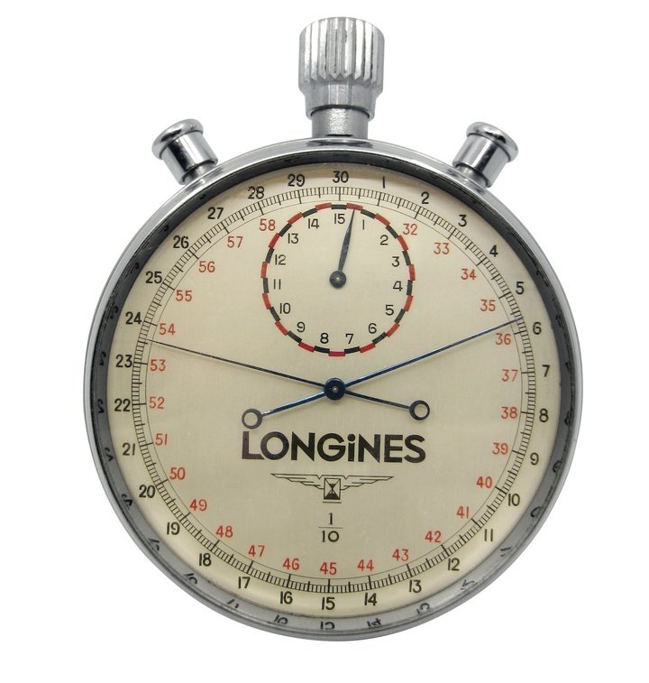 High-Frequency Skiing Timer to measure 1/10th of a second (1939), Rattrapante (split- seconds), 24-lines calibre based on a marine chronometer, high- frequency movement beating at 36,000 vibrations per hour.