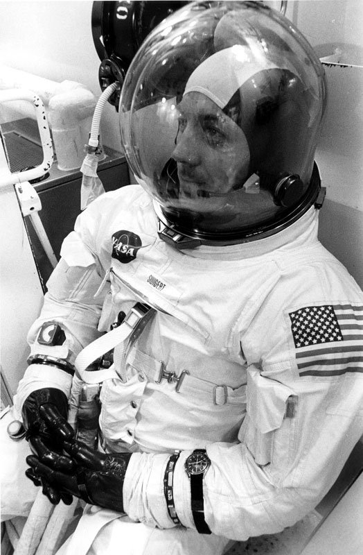 Jack Swigert wearing his Omega Speedmaster before launch, 1970