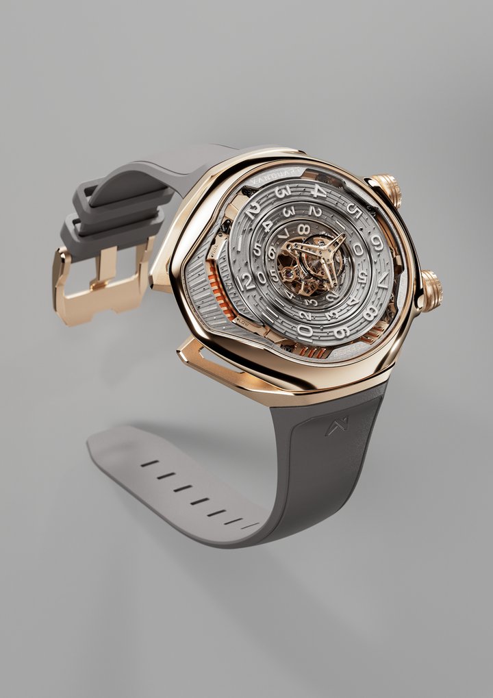 Launched in 2021, the Black Hole redefines time display with its three rotating discs and suspended tourbillon.