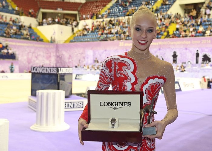 Yana Kudryavtseva (Russia), winner of the 2014 Longines Prize for Elegance and the all-around title at the 33rd Rhythmic Gymnastics World Championships in Izmir, Turkey