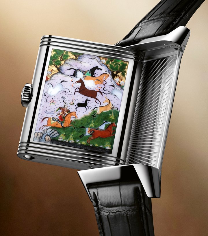 Jaeger-LeCoultre Reverso Tribute Enamel “Shahnameh” Rustam Pursues Akvan (2025). On the front, Grand Feu flinqué enamel over a guilloché base. On the back, an enamel miniature painted reproduction of a Persian illustration, attributed to Muzaffar ‘Ali', circa 1530-35