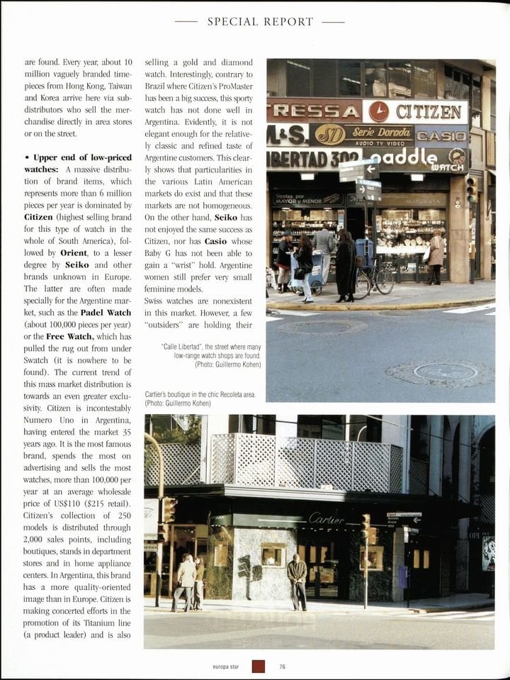 In the same issue, Europa Star reported on watch retailing in Argentina and Chile. At that time, distribution followed the traditional model of brand-distributor-retailer.