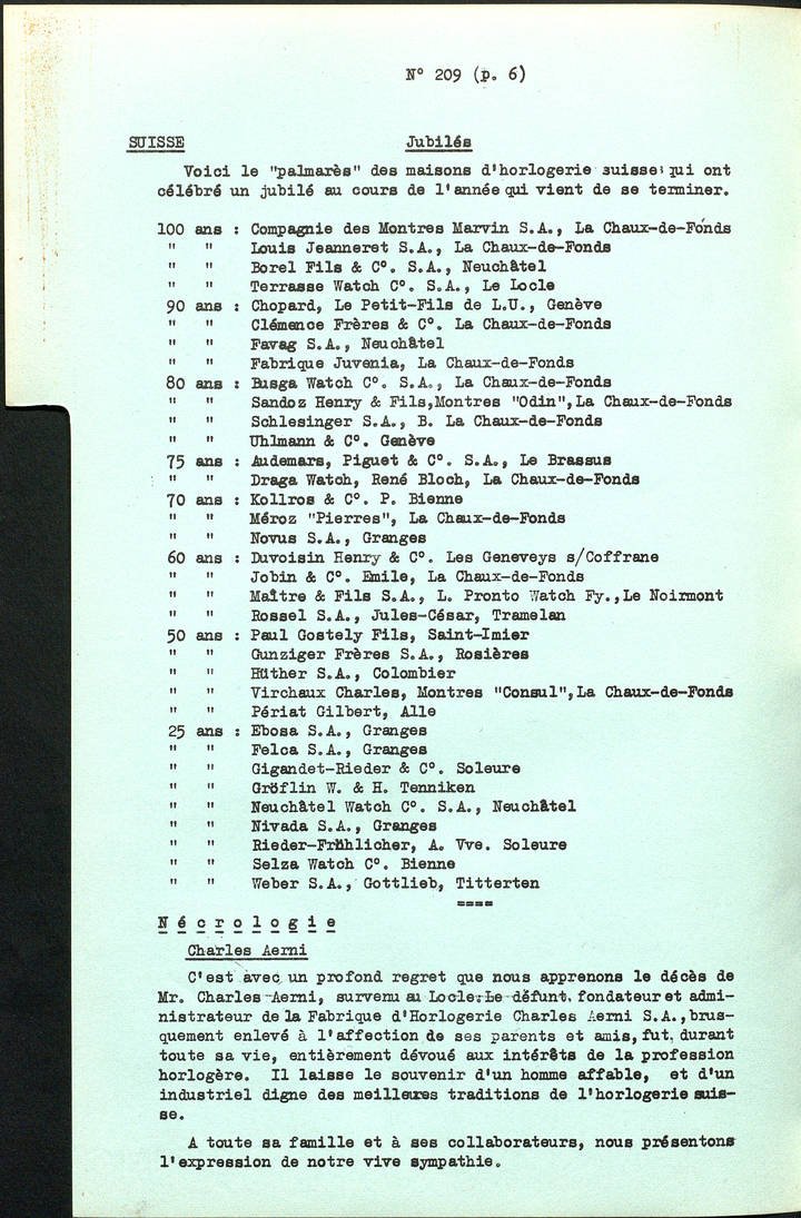 A reference to Chopard's 90th anniversary in the Bulletin d'Informations, published by Europa Star in 1950. The brand, already based in Geneva, was still only small. Other notable anniversaries are those of Audemars Piguet (75) and Nivada (25)!