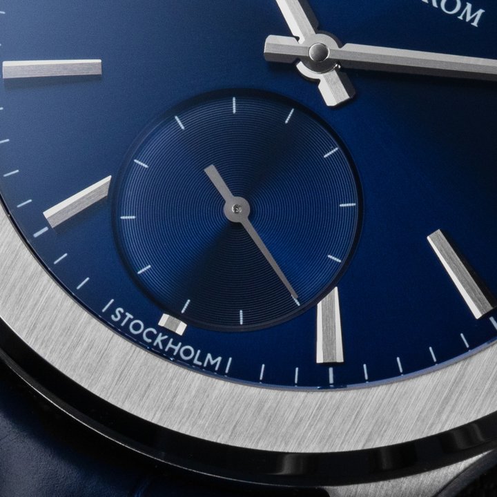 The Sjöö Sandström Royal Capital with a blue sunbrushed dial and snailed subdial.