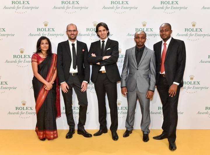 Previous Rolex Awards Ceremony at the Royal Society in London. 2014 Rolex Young Laureates Neeti Kailas, Francesco Sauro, Hosam Zowawi, Olivier Nsengimana and Arthur Zang.