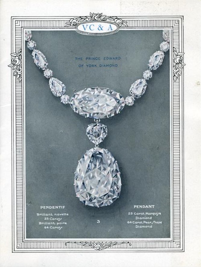 Necklace set with the Prince Edward of York, a pear-shaped, brilliant-cut diamond of more than 60 carats, recovered in 1894 from the Kimberley mine
