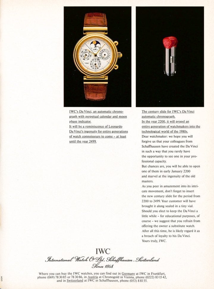 1986: The second half of the decade brought mechanical complications back into vogue. The text dedicated to the Da Vinci chronograph with perpetual calendar refers to the watchmaker who will have to replace the century indication bar in 2200.
