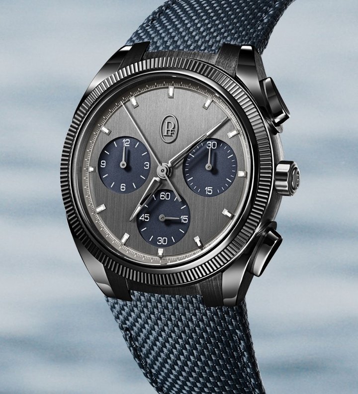The Tonda PF Sport Chronograph is the first to be made entirely out of Cermet (CER for ceramic and MET for metal). This lightweight, scratch-resistant composite is used for the case, fluted bezel, crown, pushers and strap buckle. The automatic movement is the high-frequency (36,000 vph) PF070 integrated chronograph calibre, which is COSC-certified.