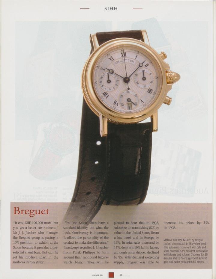A 1999 Marine Chronograph model for women, presented at the SIHH while Breguet was in its final months under the leadership of Investcorp. This automatic chronograph, one of the flattest and smallest of its generation, confirmed the brand as a pioneer. Published in Europa Star 2/1999.
