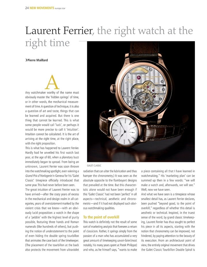 An article published in Europa Star in 2011, shortly after the launch of the Laurent Ferrier brand.